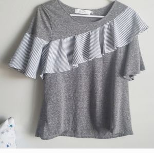 A. OK Coevolution gray shirt w ruffle sleeve